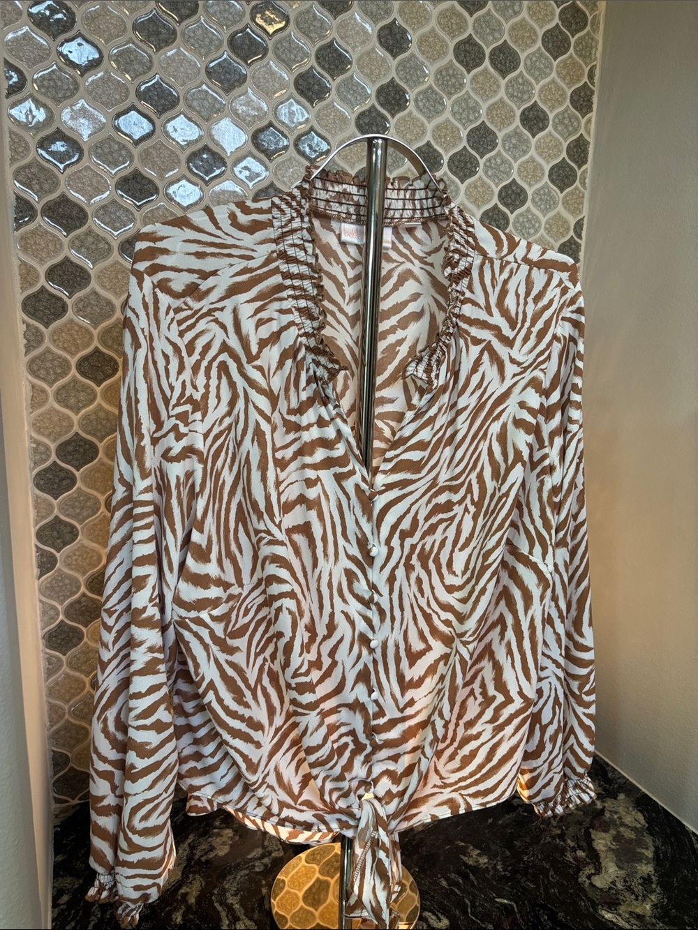 Belle by Kim Gravel Brown and Beige Zebra-Print Tie-Front Blouse